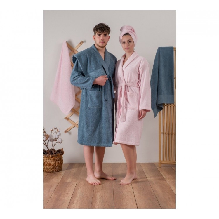 Jakarlı Aile Bornoz Seti Camilla Pembe-Indigo