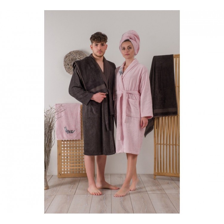 Bambu 3D Nakışlı Aile Bornoz Seti Pembe-Antrasit