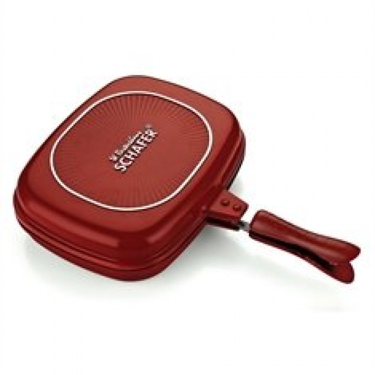 32 cm kırmızı Kare Double Grillpan Çift Taraflı Çok amaçlı Izgara Tavası